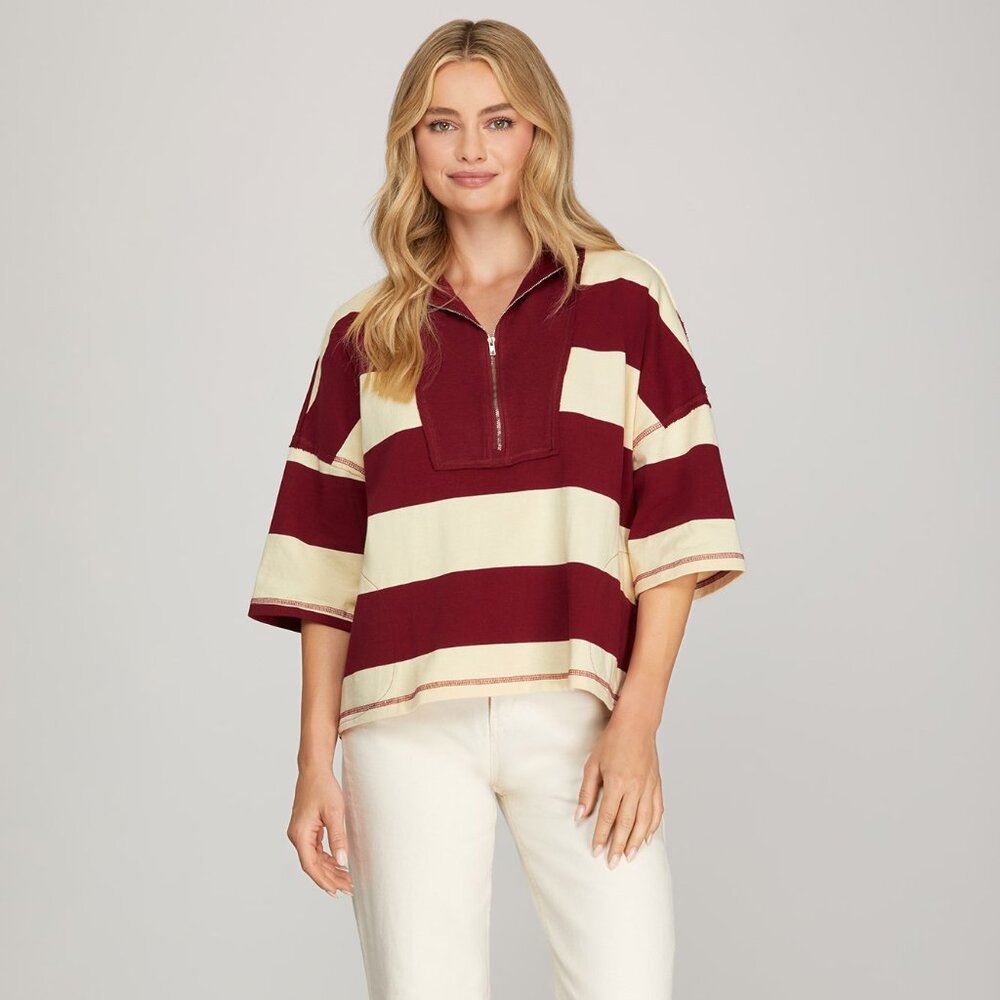 SHE + SKY BURGUNDY/MAROON & IVORY STRIPED ZIPPER TOP